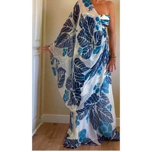 Tibi Silk Chiffon strapless Maxi Dress Blue White/off white Size 6 - Picture 3 of 14